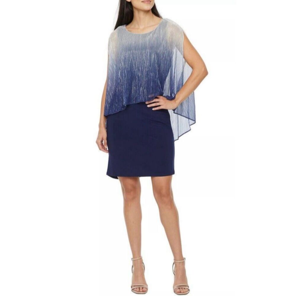 SLNY Fashions New York Women's 3/4 Sleeve Sheath Cape Dress - Navy 8
